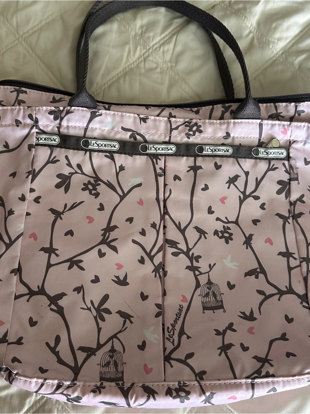 LeSportsac Pink Floral Branch Tote with Heart Accents